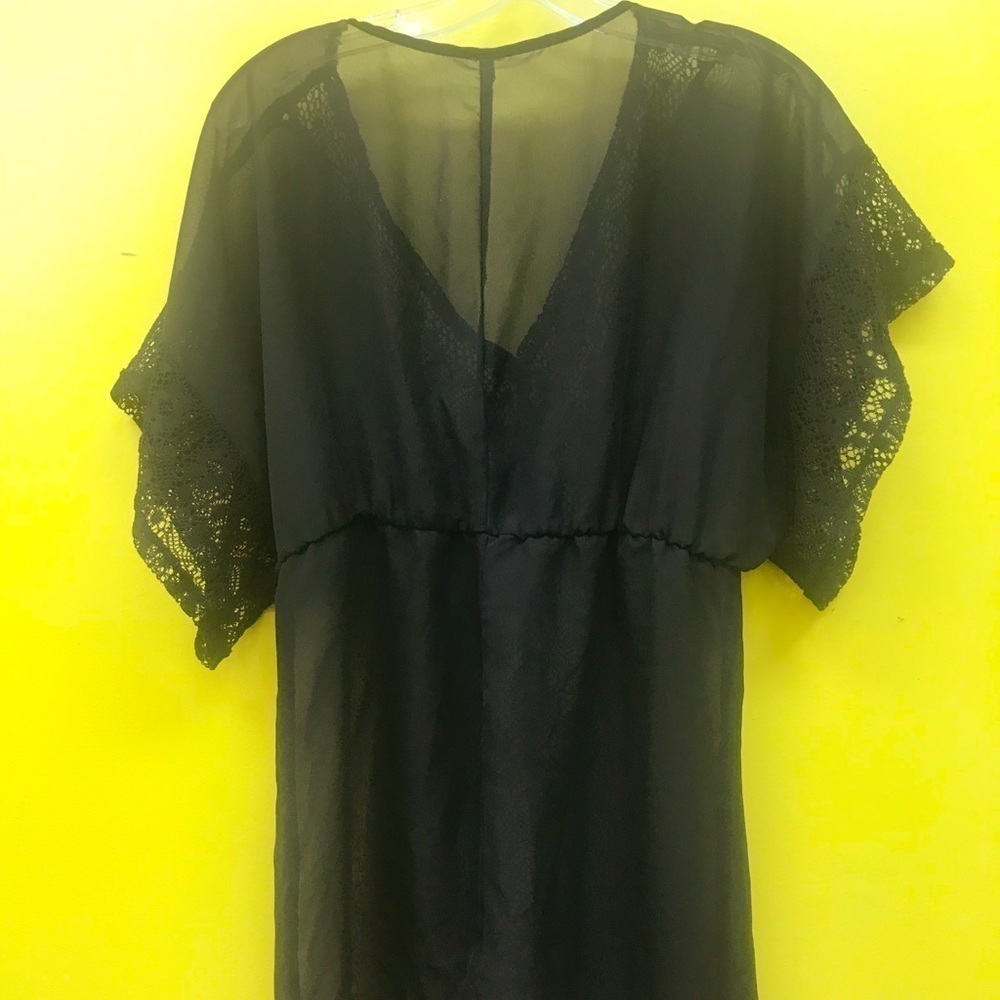 Sheer Black Lace Detail Short Tunic Swim Cover up